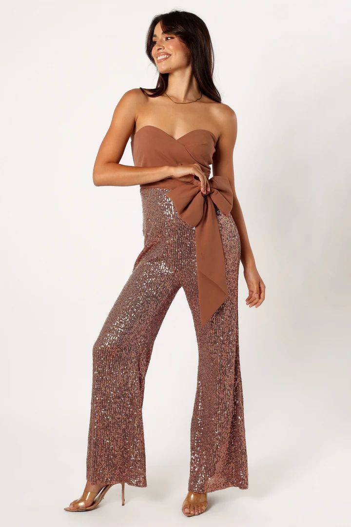 Jacquelin Bow Waist Sequin Jumpsuit - Tan | Petal & Pup (US)