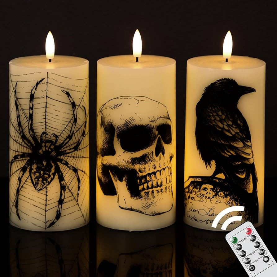 Amazon.com: Eldnacele Halloween Flickering Candles Remote with Skull, Spider Web, Crow Raven Deca... | Amazon (US)