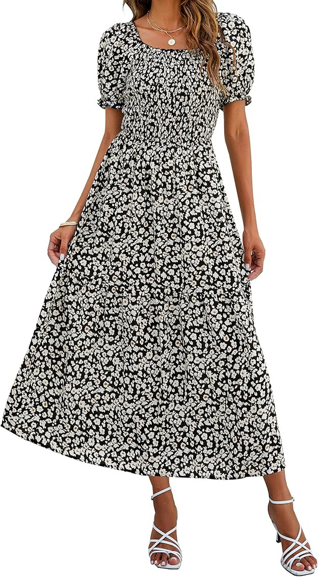 ZESICA Women's 2023 Summer Boho Floral Print Square Neck Ruffle Swing Beach Long Maxi Dress | Amazon (US)