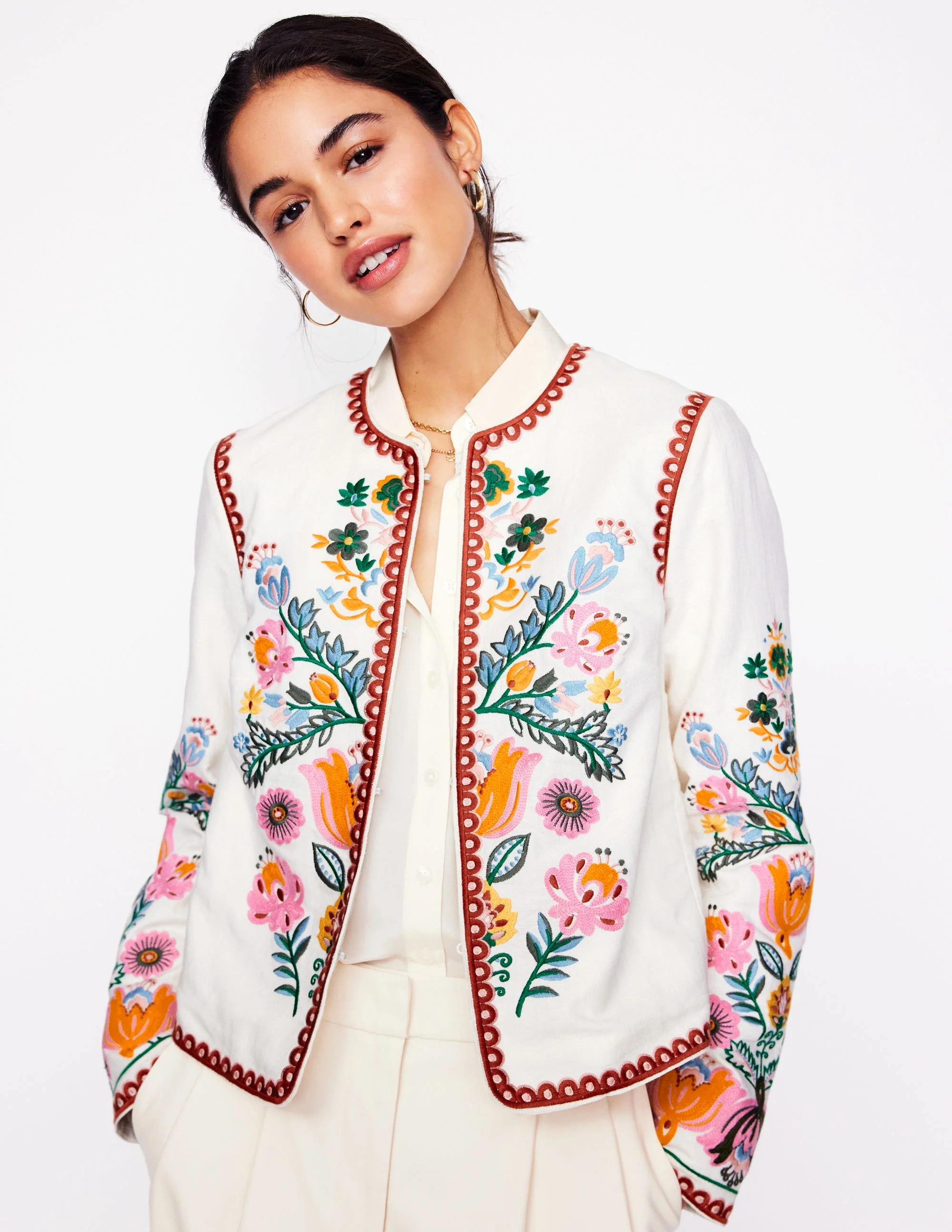 Embroidered Linen Jacket-Ivory, Tulip Fusion | Boden (US)
