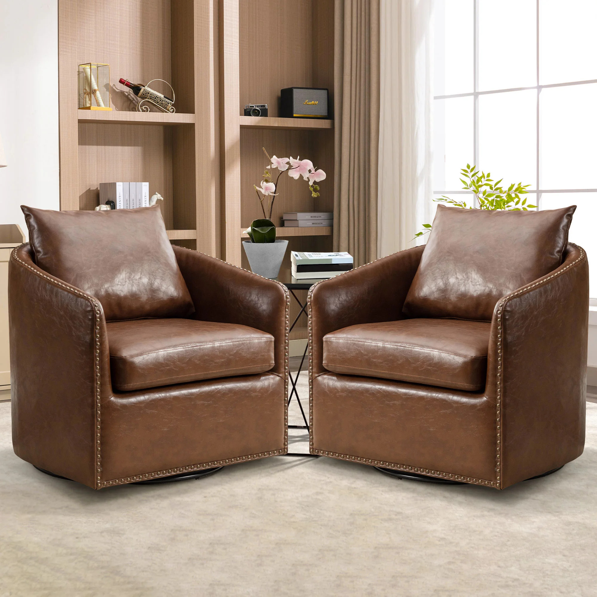 Gotzon 27.8'' Wide Luxe Soft Swivel Arm Barrel Chair with Nailhead Trim and Removable Cushion (Set of 2) | Wayfair North America