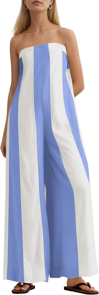 MISSACTIVER Summer Wide Leg Jumpsuits for Women Striped Strapless Long Rompers 2025 Sleeveless On... | Amazon (US)