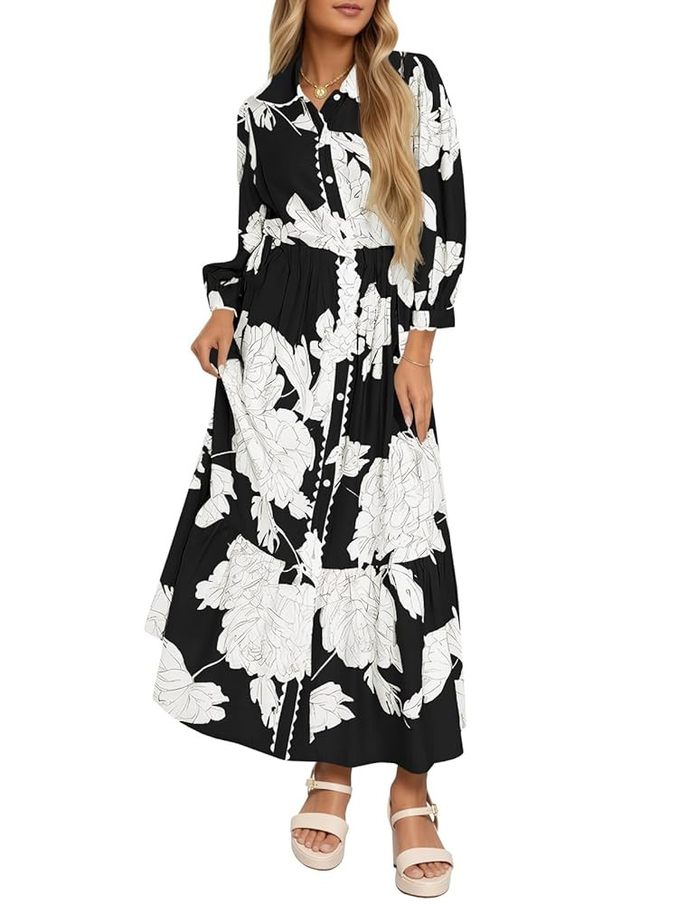 Wenrine Womens Maxi Shirt Dress Casual Floral Collared 3/4 Long Sleeve Drawstring Waist Fall Butt... | Amazon (US)