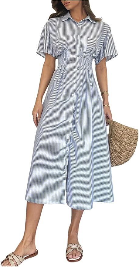 MakeMeChic Women's Summer Striped Button Down Shirt Dress Short Sleeve Midi Dresses | Amazon (US)
