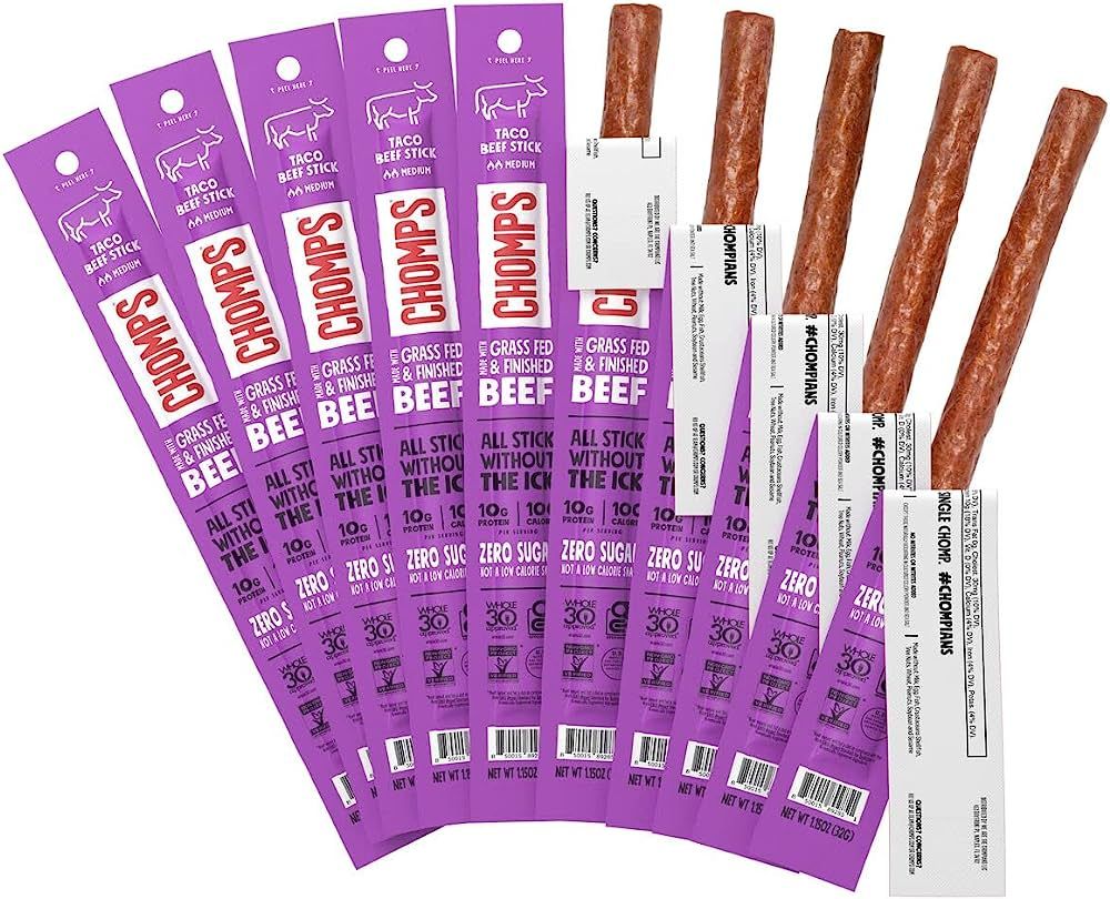 Chomps Grass-Fed and Finished Taco Beef Jerky Snack Sticks 10-Pack - Keto, Paleo, Whole30, 10g Le... | Amazon (US)