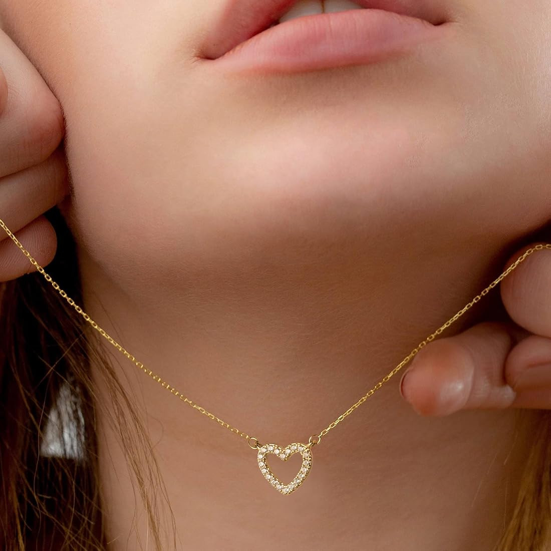 Tewiky Cute Heart Necklace Tiny 14k Gold Heart Pendant Choker Necklaces Small Gold Love Open Heart C | Amazon (US)
