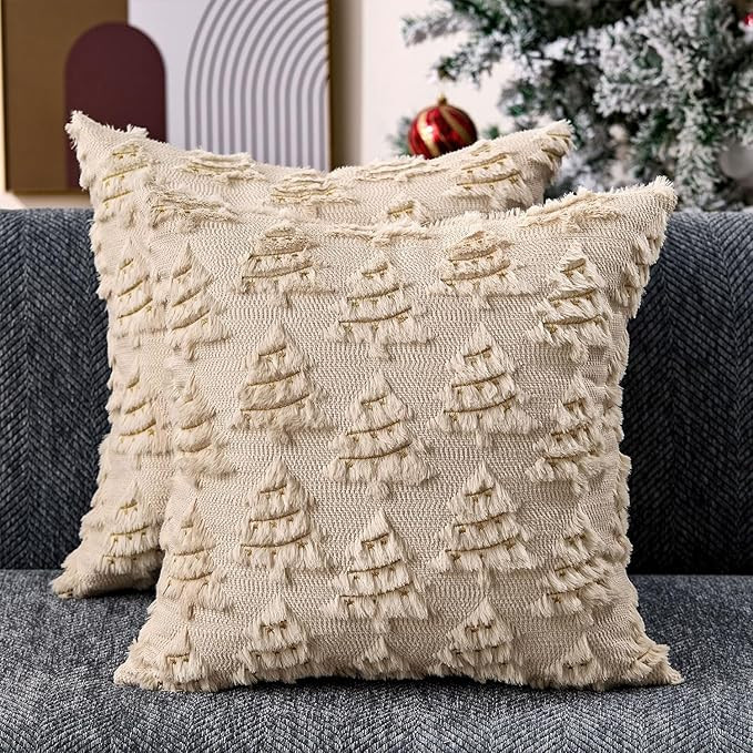 Christmas Pillow Covers 18x18 inch Set of 2 Soft Plush Faux Fur Christmas Decor Beige Xmax Tree Y... | Amazon (US)
