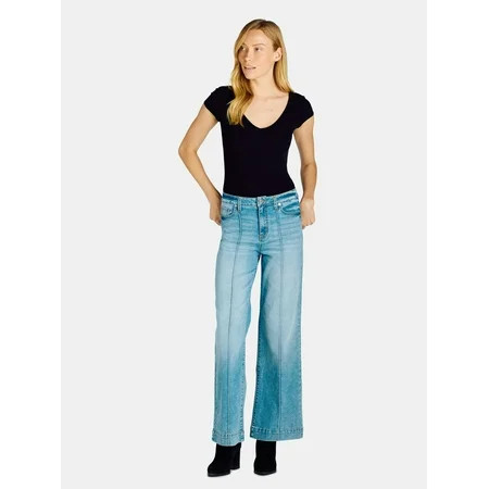 Time and Tru Women's Wide Leg Jeans with Seam Details, Available in Regular, Short, Long Inseams, Sizes 0-22 | Walmart (US)