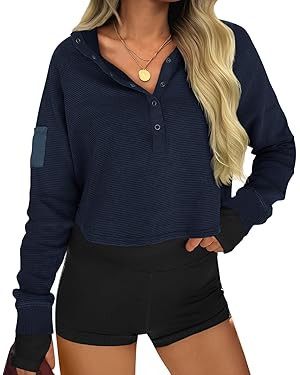 Fisoew Womens Cropped Sweatshirts Casual Henley Neck Snap Button Long Sleeve Ribbed Loose Fit Fal... | Amazon (US)