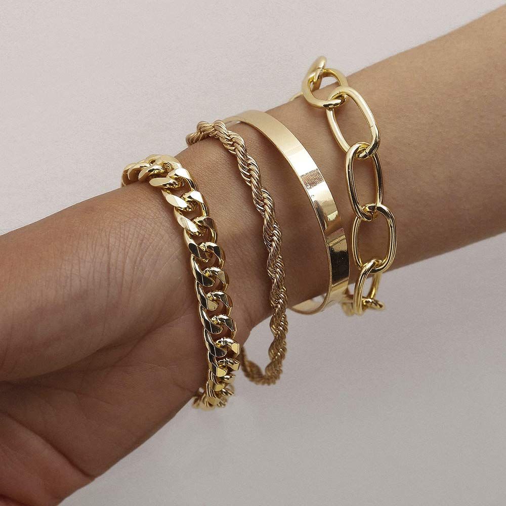 fxmimior Dainty Boho Gold Silver Chain Bracelets Set for Women Adjustable Fashion Beaded Chunky Flat | Amazon (US)