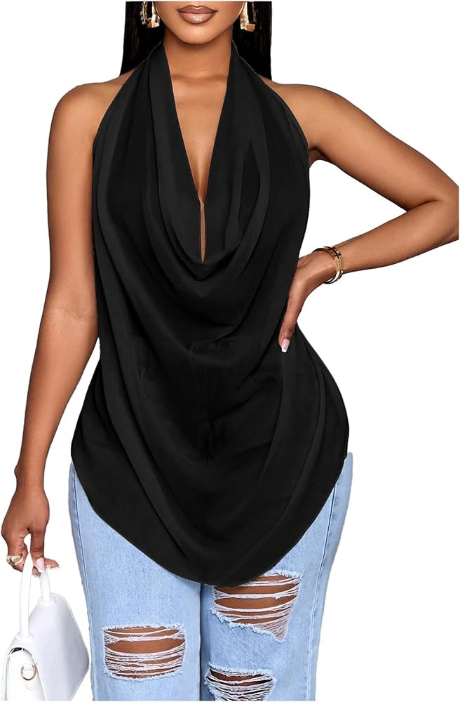 OYOANGLE Women's Cowl Neck Halter Top Backless Shirts Y2k See Through Draped Top Going Out Tank T... | Amazon (US)