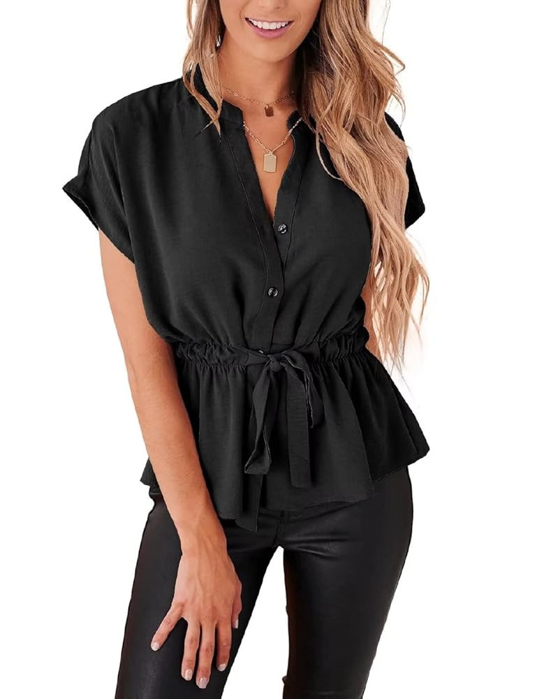 Womens Button Down Blouses Casual Peplum Summer Tops Dressy Chiffon Work Blouse | Amazon (US)