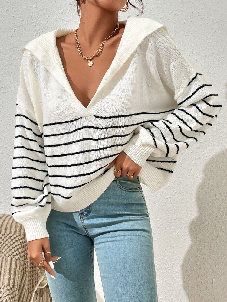 SHEIN Stripe Pattern Sailor Collar Drop Shoulder Sweater | SHEIN