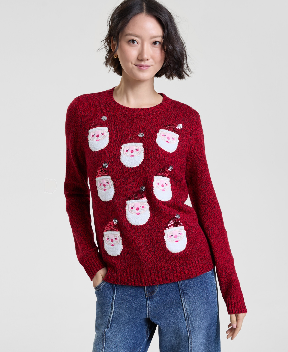 Holiday Lane Women's Santa-Embroidered Sweater, Macy's Exclusive - Ravishing Red | Macy's