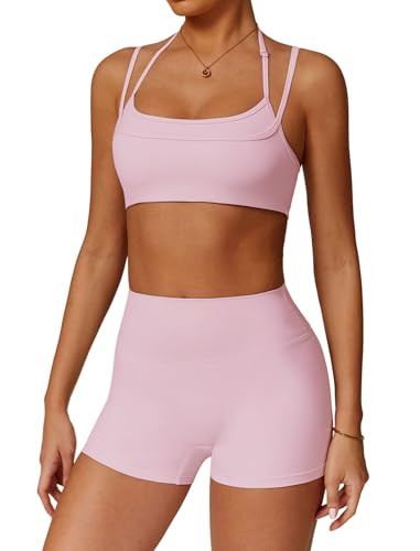 QBGJTD Two Piece Workout Sets For Women Sleeveless Backless Sport Bra Matching High Waist Scrunch Butt Biker Shorts 2 Piece Gym Yoga Active Wear Outfits Womens Athletic Work Out Clothes Pink M | Amazon (US)