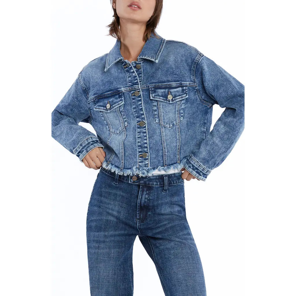 HINT OF BLU Frayed Crop Denim Jacket in Swiss Blue at Nordstrom, Size Medium | Nordstrom
