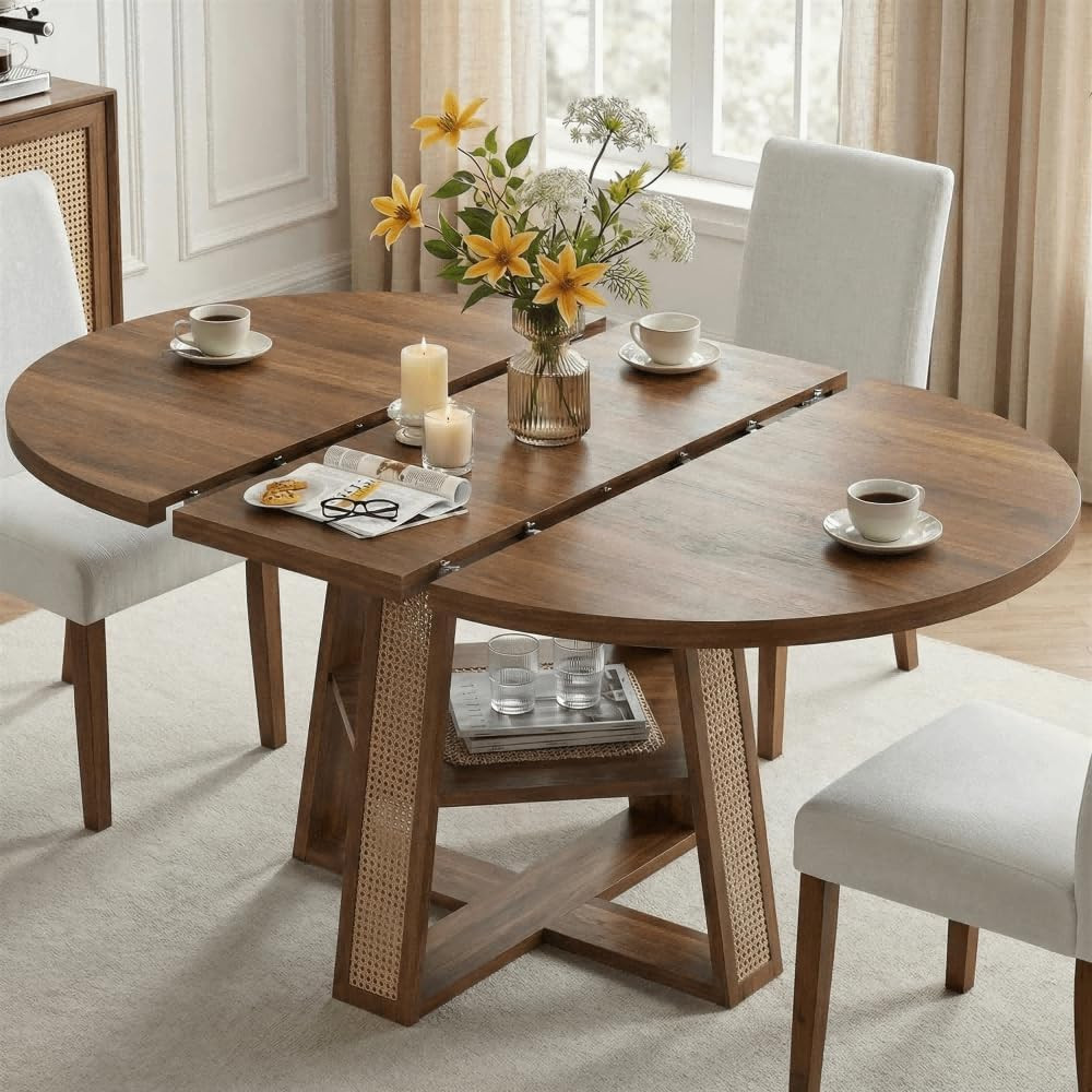 LIKIMIO Dining Table, 43"-59" Extendable Round to Oval with Storage, Walnut | Amazon (US)