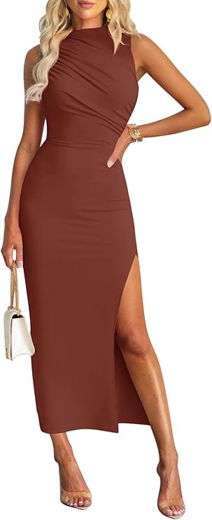MIROL Women's Sleeveless Bodycon Maxi Dress 2024 Mock Neck Ruched Side Slit Long Tank Dress | Amazon (US)