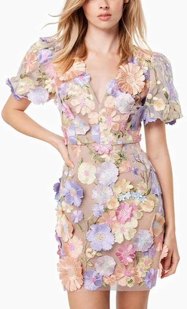Women's 3D Floral Embroidery Dress 2025 Summer Puff Sleeve V Neck Lace Bodycon Party Cocktail Min... | Amazon (US)