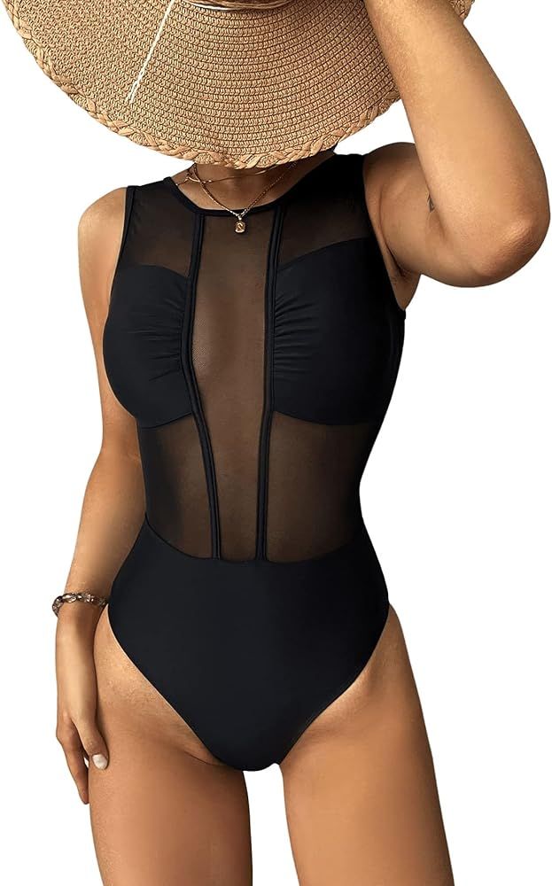 SheIn Women's Sheer Mesh High Cut Monokini Swimsuit Tummy Control One Piece Bathing Suit | Amazon (US)