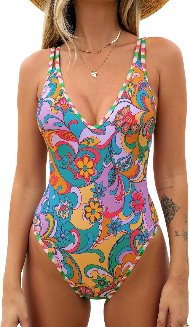 CUPSHE Women's One Piece Swimsuit Bathing Suit Double Strap Back Tie Low Cut Boho Paisley Swimwea... | Amazon (US)