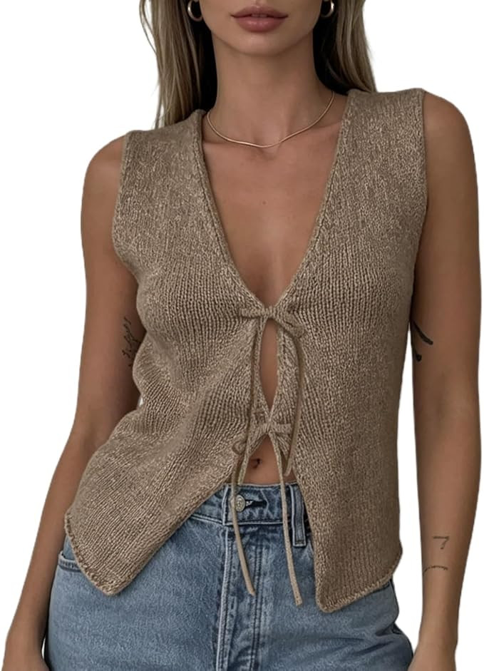 Womens Vintage Knittd Tank Y2k Vest Crop Top Sleeveless V-Neck Open Front Button Crochet Knit Ves... | Amazon (US)