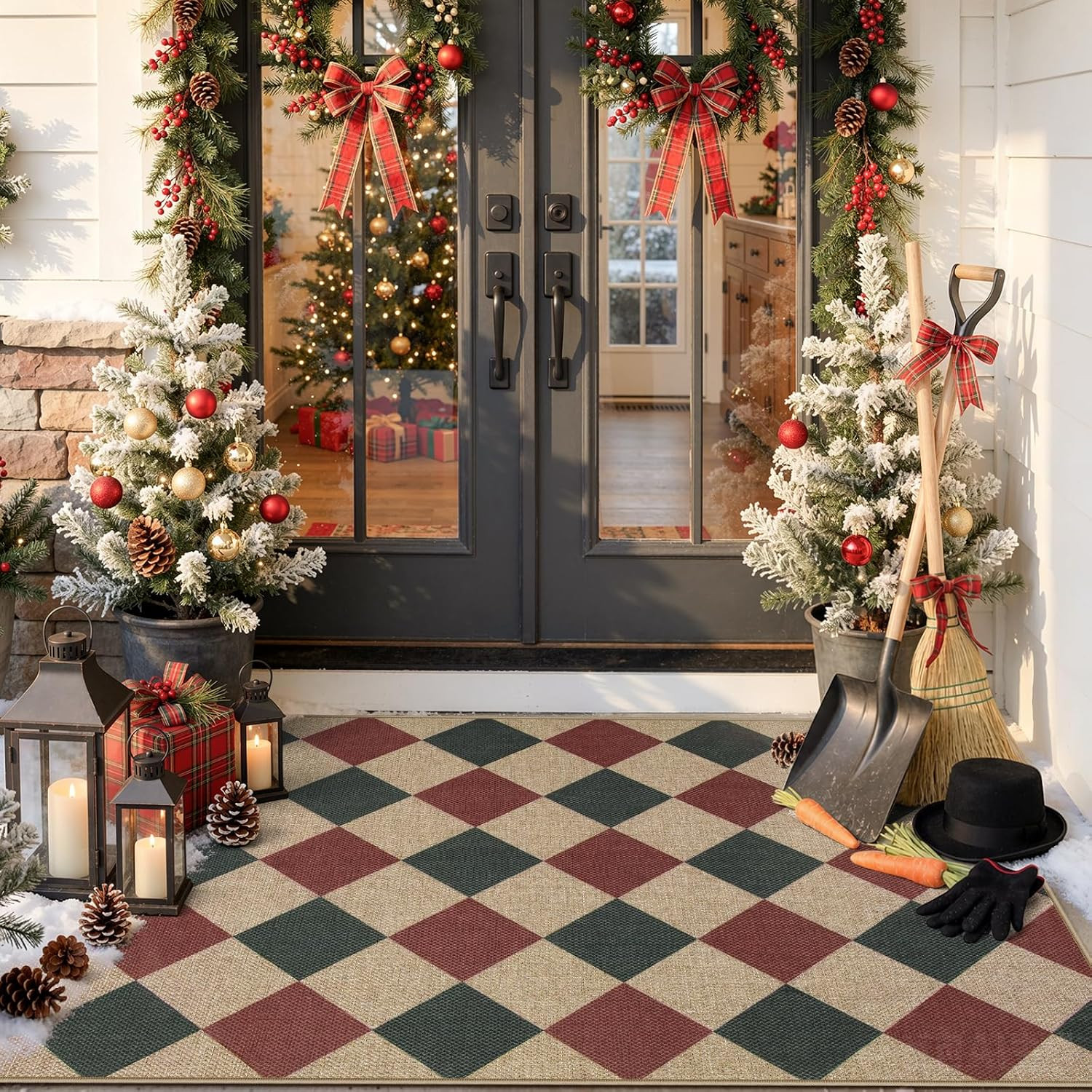 Lahome Christmas Rug, 3x5 Outdoor Christmas Decor Rugs for Porch Entryway, Checkered Red and Green Non Slip Non Shedding Xmas Decorations for Kitchen Front Door | Amazon (US)