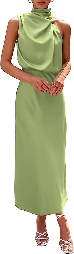 PRETTYGARDEN Women's 2023 Summer Satin Dress Elegant Sleeveless Mock Neck Cocktail Party Maxi Dre... | Amazon (US)