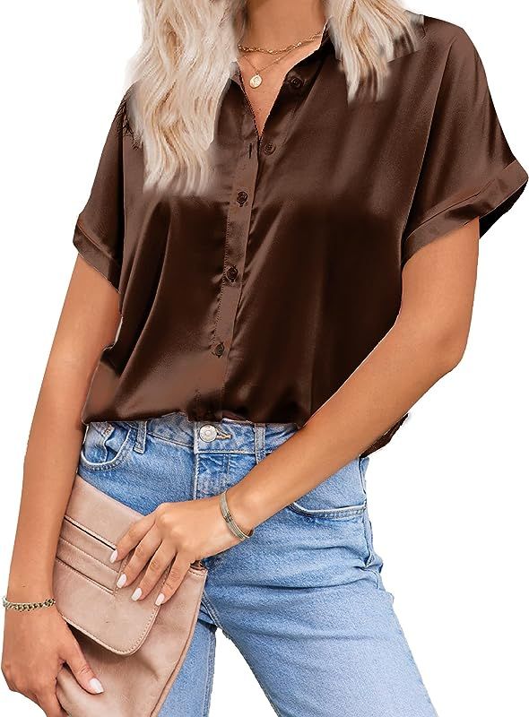 HOTOUCH Silk Button Down Shirts for Women Satin Short Sleeve V Neck Casual Work Office Blouse Tun... | Amazon (US)