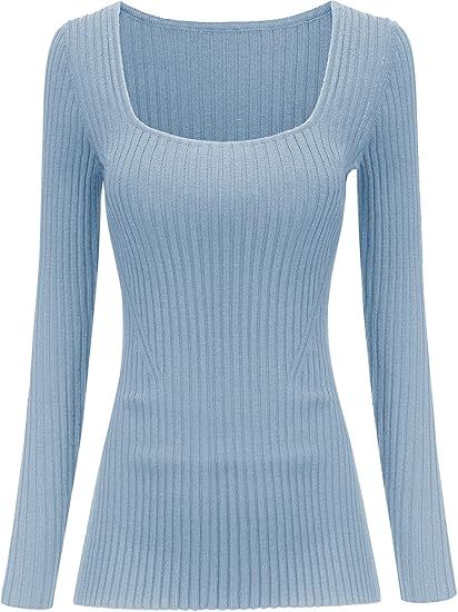 v28 Women Square Neck Knit Elasticity Stretchable Long Sleeve Slim Sweater Tops | Amazon (US)
