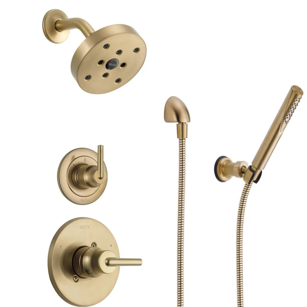 Delta Trinsic 3-Setting Champagne Bronze Shower System with Shower Head, Wall-Mount Handheld Shower Head, Handle, Diverter and Valve Kit one_size | Lowe's
