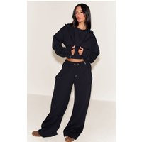 Petite Black Embroidered Interlock Rib Panel Wide Leg Sweatpants | PrettyLittleThing US