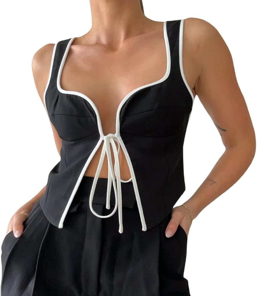 Women Vintage Lace Trim Camisole Spaghetti Strap Slim Fit Camis Low Cut Backless Tank Top Y2K Str... | Amazon (US)