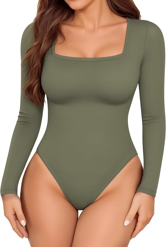 Womens Long Sleeve Body Suits Square Neck Thong Bodysuit Slim Shirts Sexy Fall Going Out Tops Y2K... | Amazon (US)