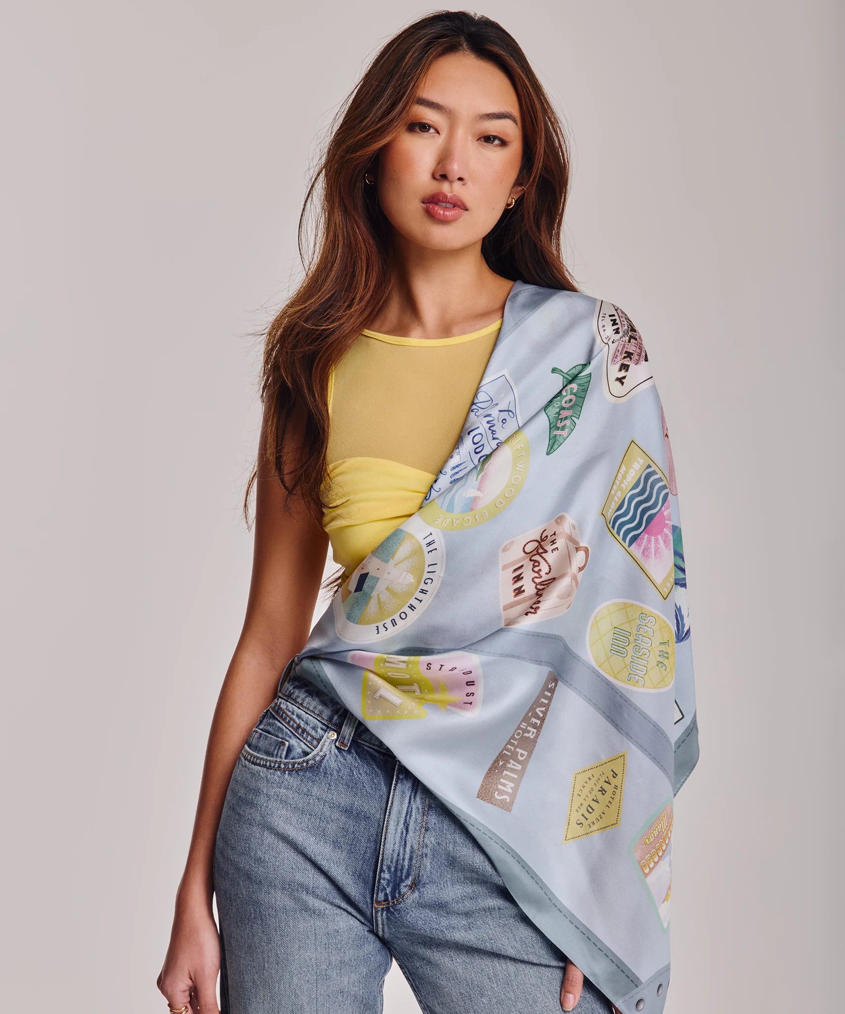 Travel Stickers 35" Silk Square Scarf | Echo New York