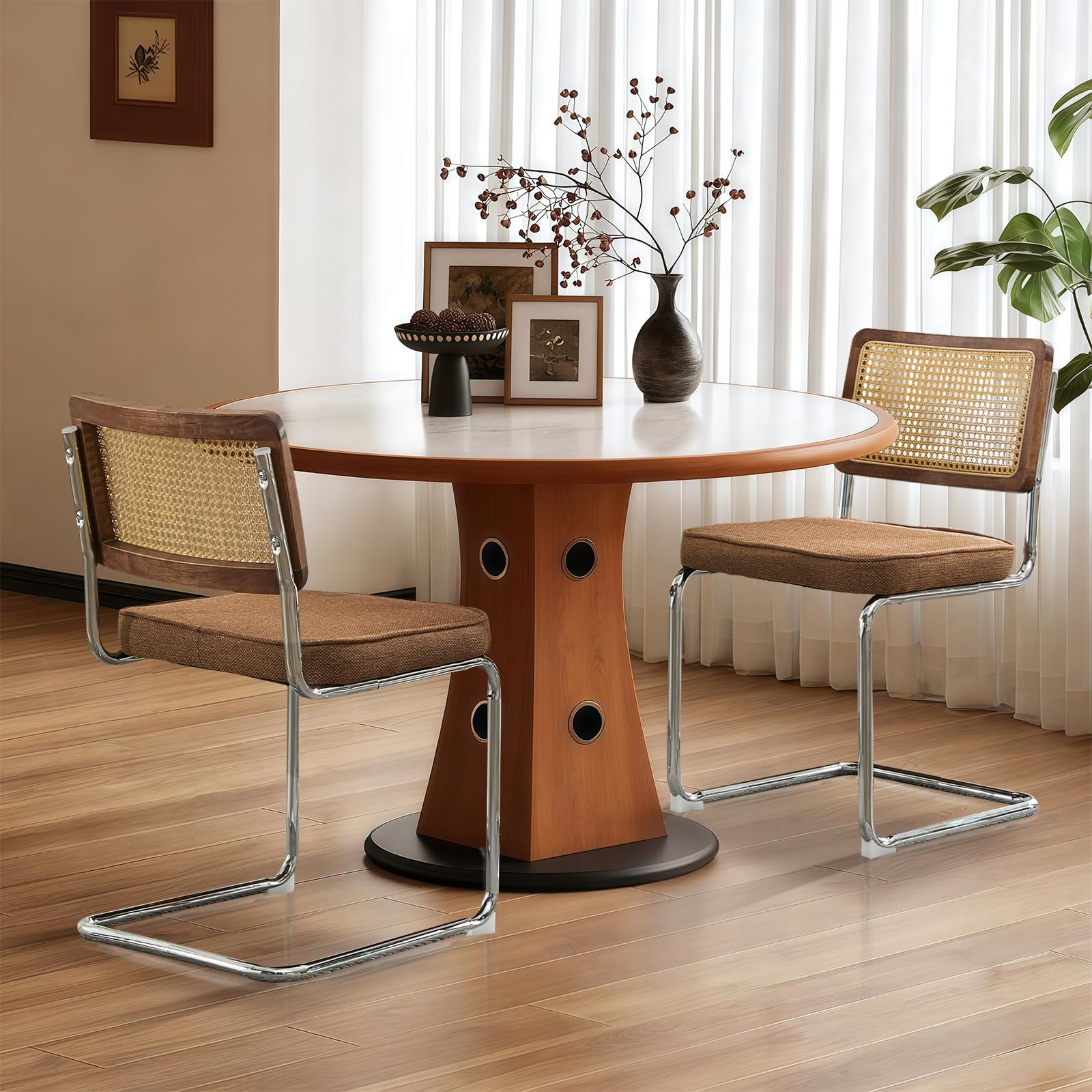 Rattan Back Linen Dining Chair Set of 2 Modern Stainless Chrome Base Armless Upholstered Side Cha... | Amazon (US)