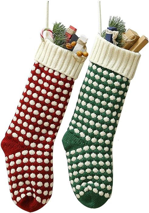 Christmas Stockings ，18" Unique Burgundy and Green Knit Christmas Stockings Dots Style (Length ... | Amazon (US)