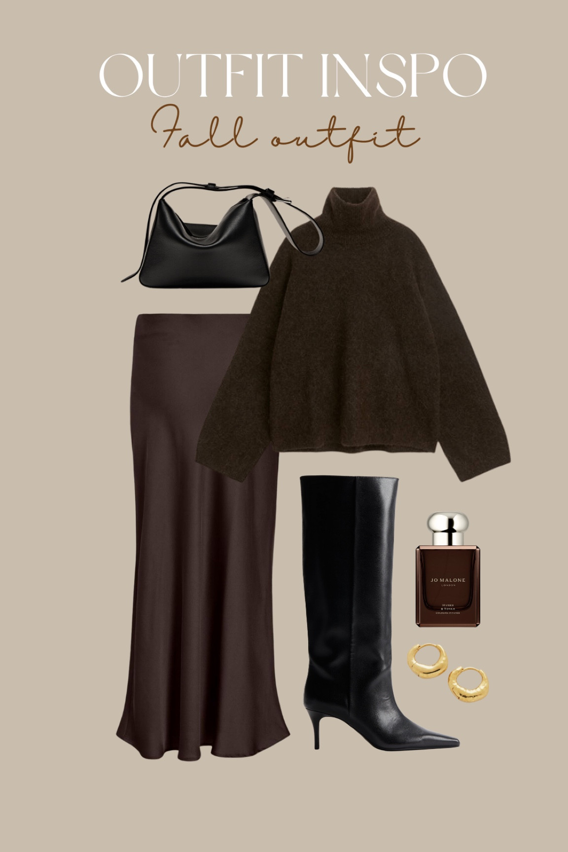 Brown outfit, black accessories, black heeled boots, brown satin skirt, brown wool sweater, black leather bag, gold hoops, gold earrings, jo malone
   

#LTKstyletip #LTKworkwear #LTKautumn