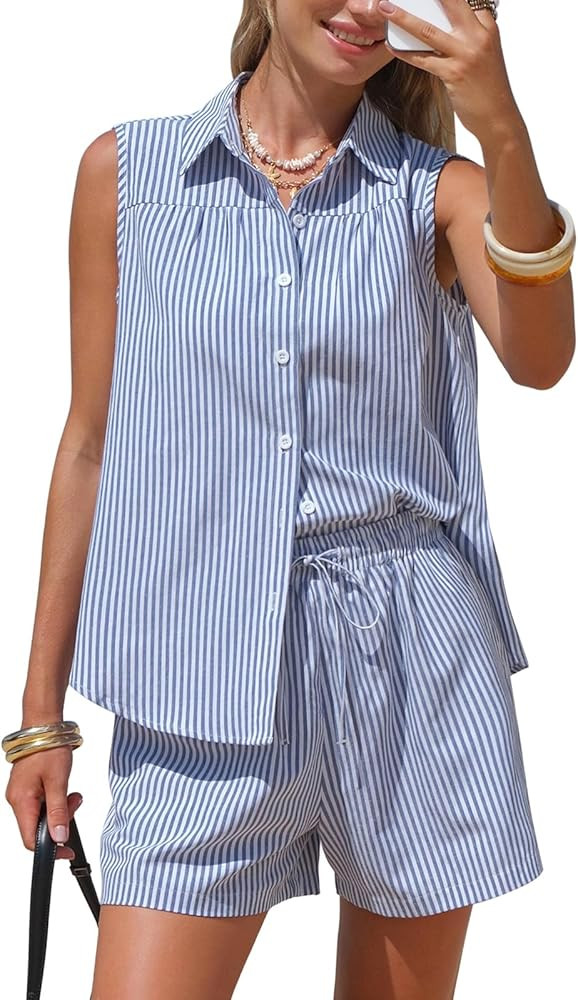 EXLURA Women's Summer 2 Piece Outfits Cotton Sleeveless Button Down Shirts Matching Shorts Sets C... | Amazon (US)