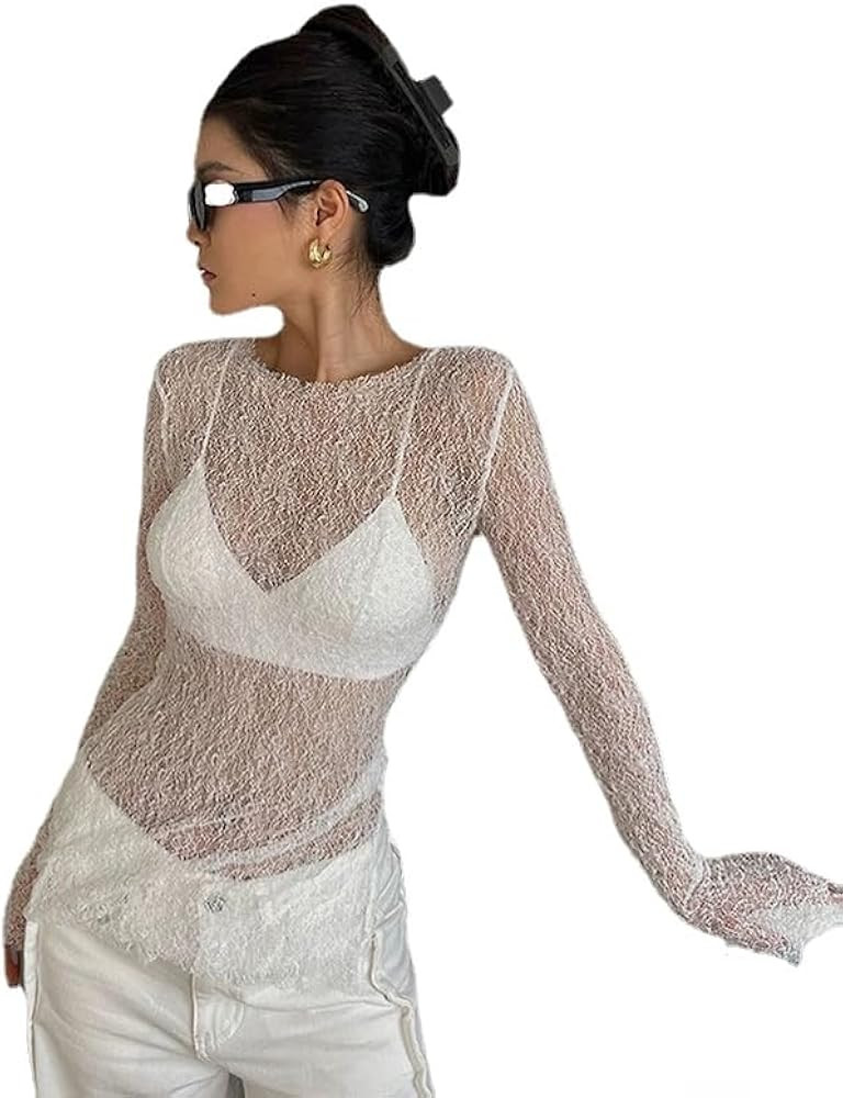 Women's Y2k Fairycore Long Sleeve Lace Sheer Tops Coquettish Slim Fit See Through Mesh Crop Blous... | Amazon (US)