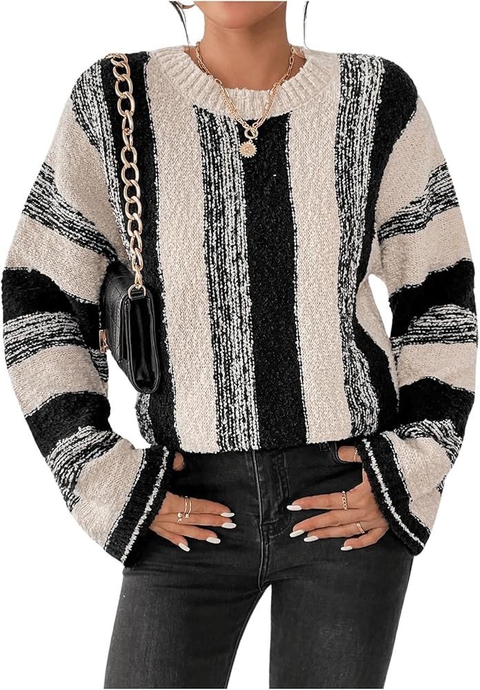 Women's 2025 Fall Winter Striped Sweater Vintage Crew Neck Long Sleeve Loose Pullover Knit Tops | Amazon (US)