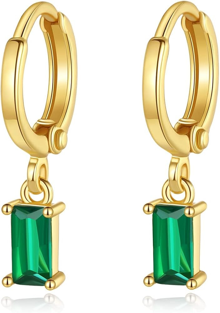 Green Earrings 18k Gold Plated Huggie Earrings with Dangle Simulated Emerald Earrings for Women S... | Amazon (US)