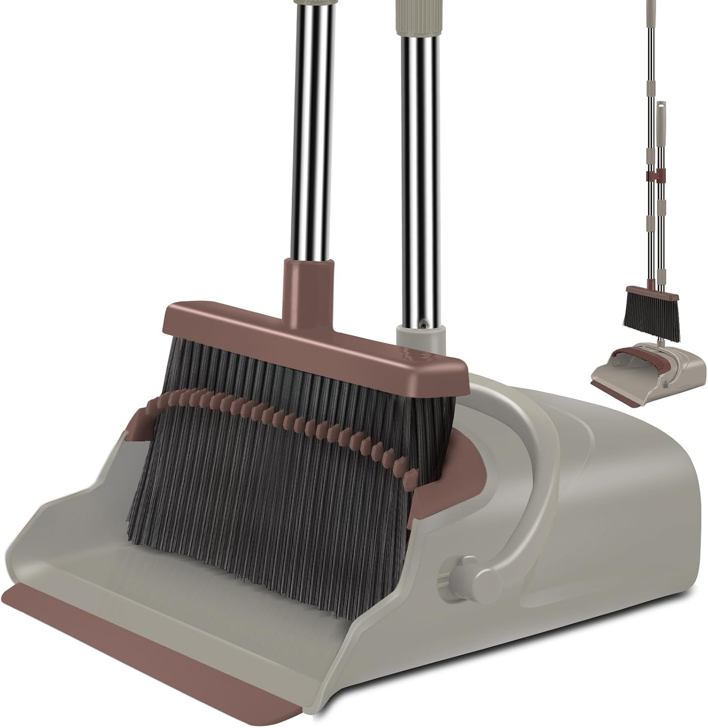 Upgrade Broom and Dustpan Set, Self-Cleaning with Dustpan Teeth, Ideal for Dog Cat Pets Home Use, Super Long Handle Upright Stand Up Broom and Dustpan Set (Brown) | Amazon (US)