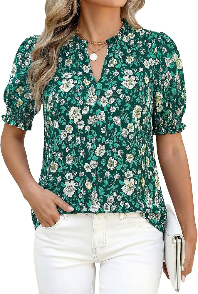 BTFBM Summer Blouses for Women Dressy Casual 2026 Fashion Spring Tops Floral Boho V Neck Puff Sho... | Amazon (US)