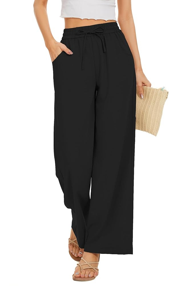 Women Flowy Pants Drawstring Waist Wide Leg Palazzo Beach Pants Loose Fit with Pockets | Amazon (US)