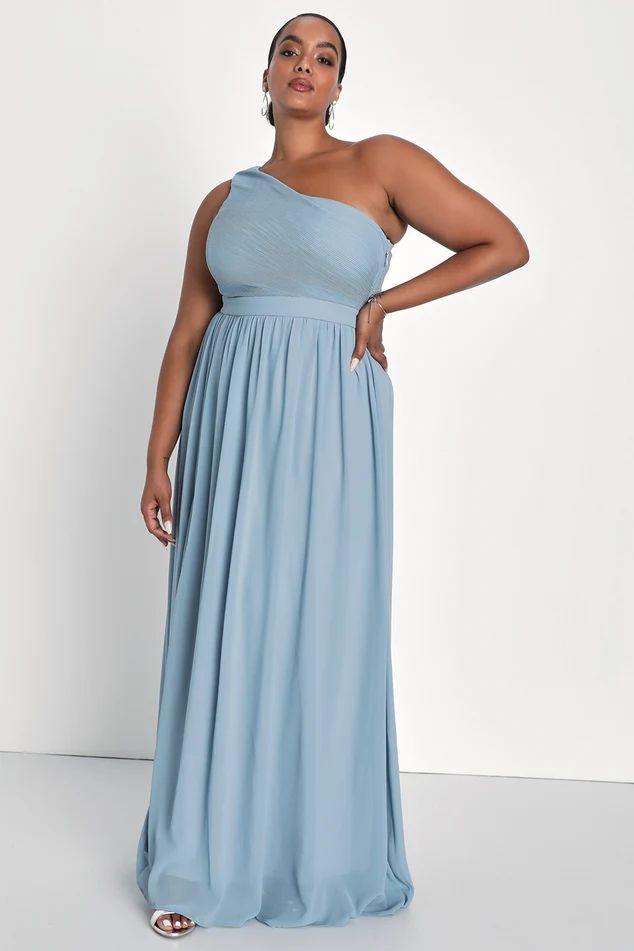 Lovely Endings Dusty Blue One-Shoulder Pleated Maxi Dress | Lulus
