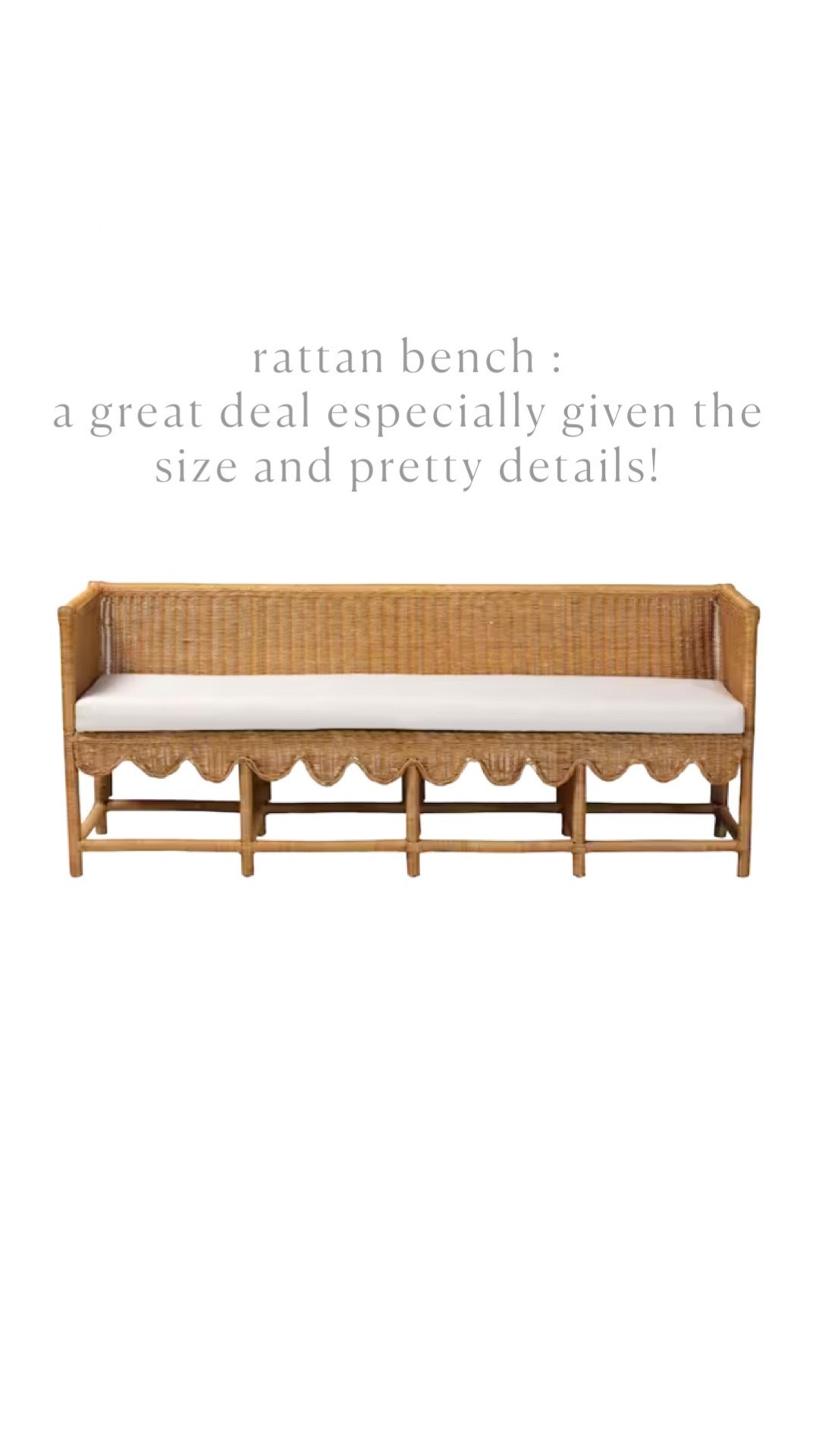Rattan bench with pretty scalloped details and 6 ft long! Great size for a dining bench or entryway/hallway bench or even for the end of the bed!

#LTKHome