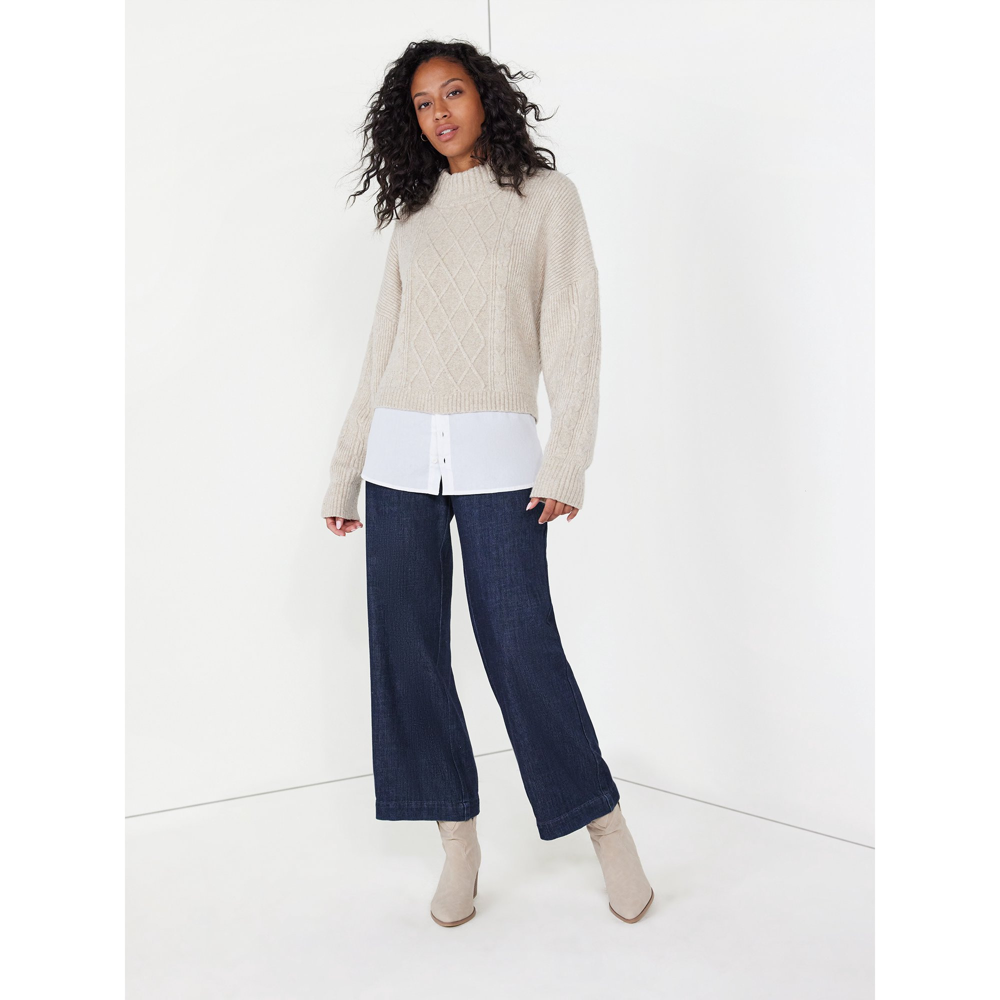 Time and Tru Women's Cable Knit Poplin Layer-Look Sweater, Sizes XS-XXXL - Walmart.com | Walmart (US)