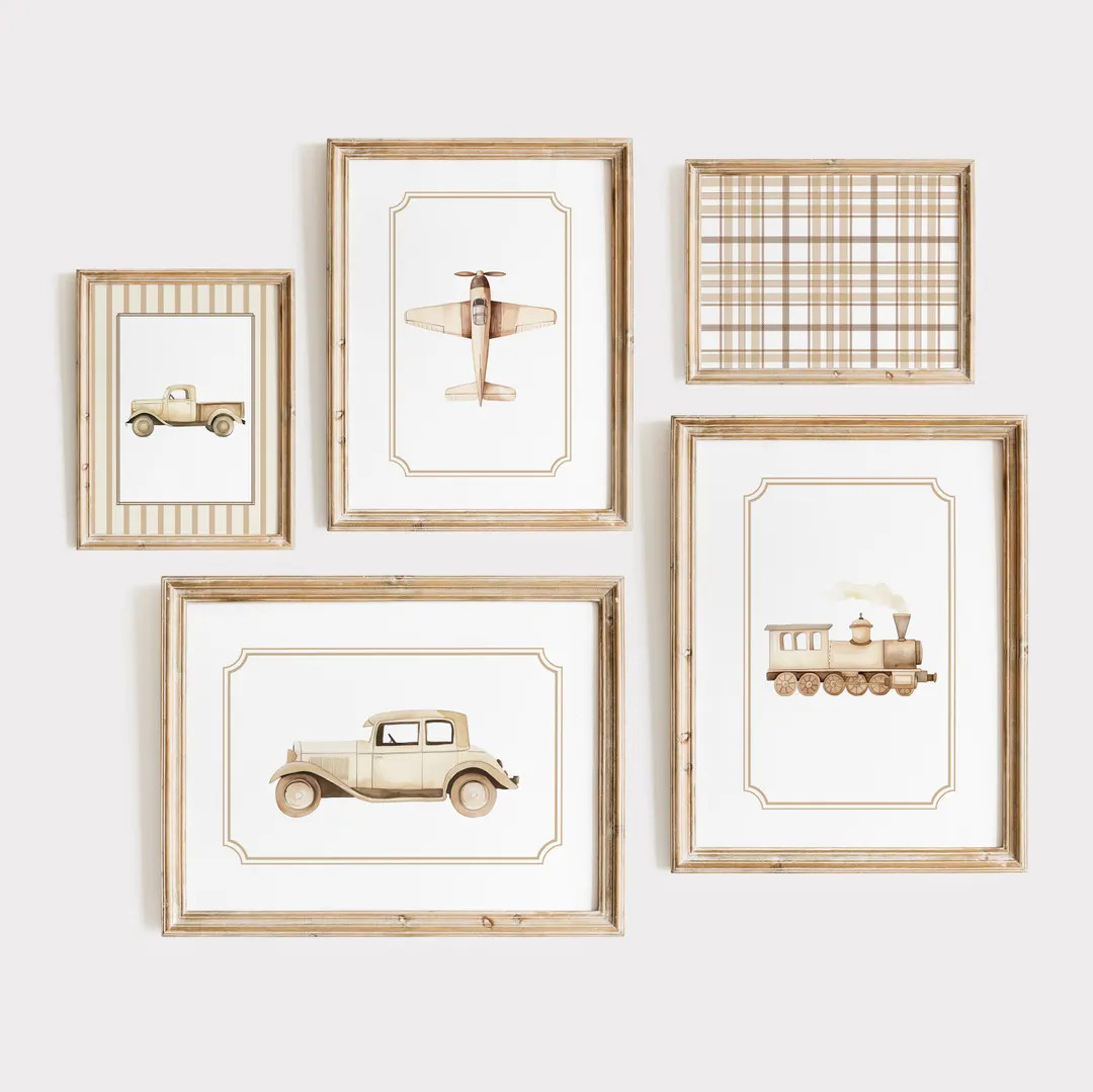 Transportation Boy Nursery Wall Art Vintage Car Plane Train Truck Prints Brown Beige Travel Vinta... | Etsy (US)