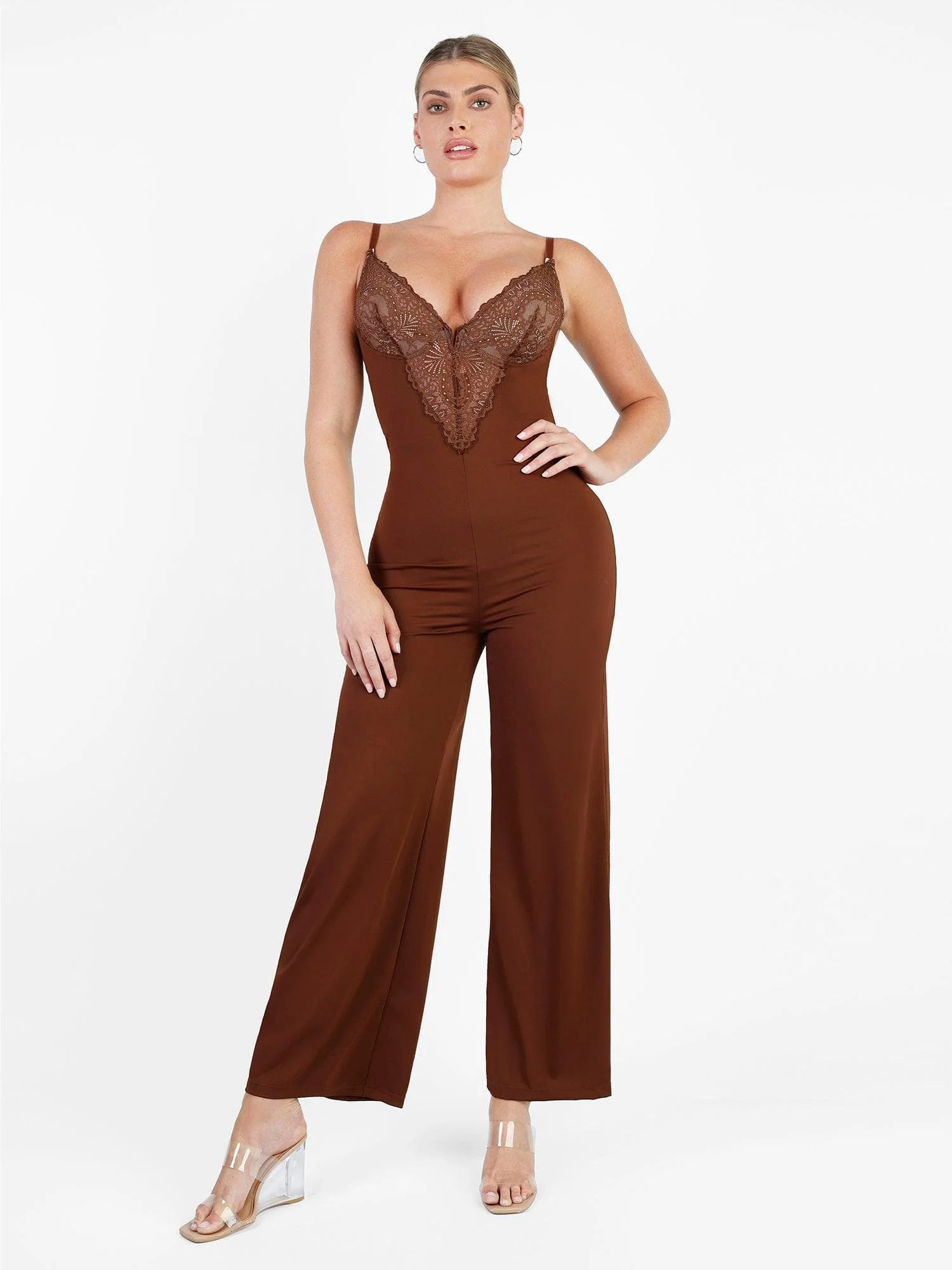 Shapewear Lace Deep V-Neck Sculpting Wide Leg Jumpsuit For Insiders | Popilush